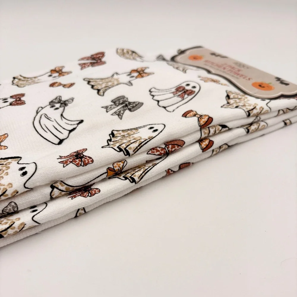 Abbey Cottage Halloween Ghost Leopard Bow Kitchen Towels 2 Pack 16x26 Cotton NEW